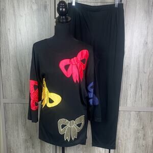 Vintage 90's Colorful Bow Accent Black Top and Pants Set Women's M